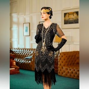 SWEETV Women's Flapper Dresses 1920s Fringed Sequin Great Gatsby Dress w/ Gloves